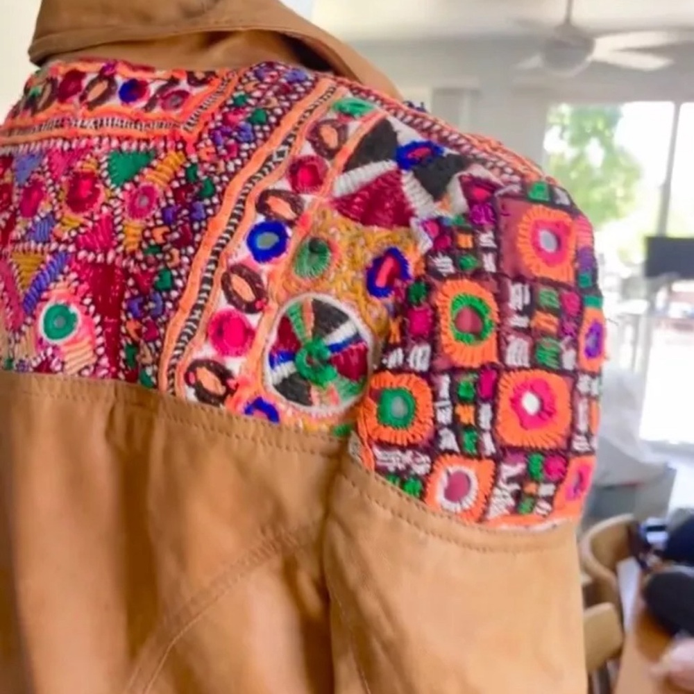 🌸Free People Embroidered Leather Jacket🌸 Coat Moto Tan Size 6 Small Medium